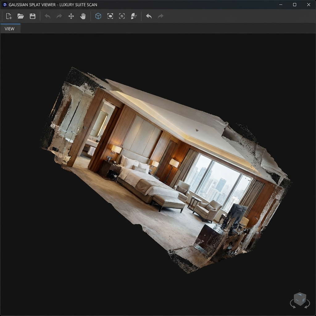 Gaussian splat 3D model of hotel room viewed in scan software